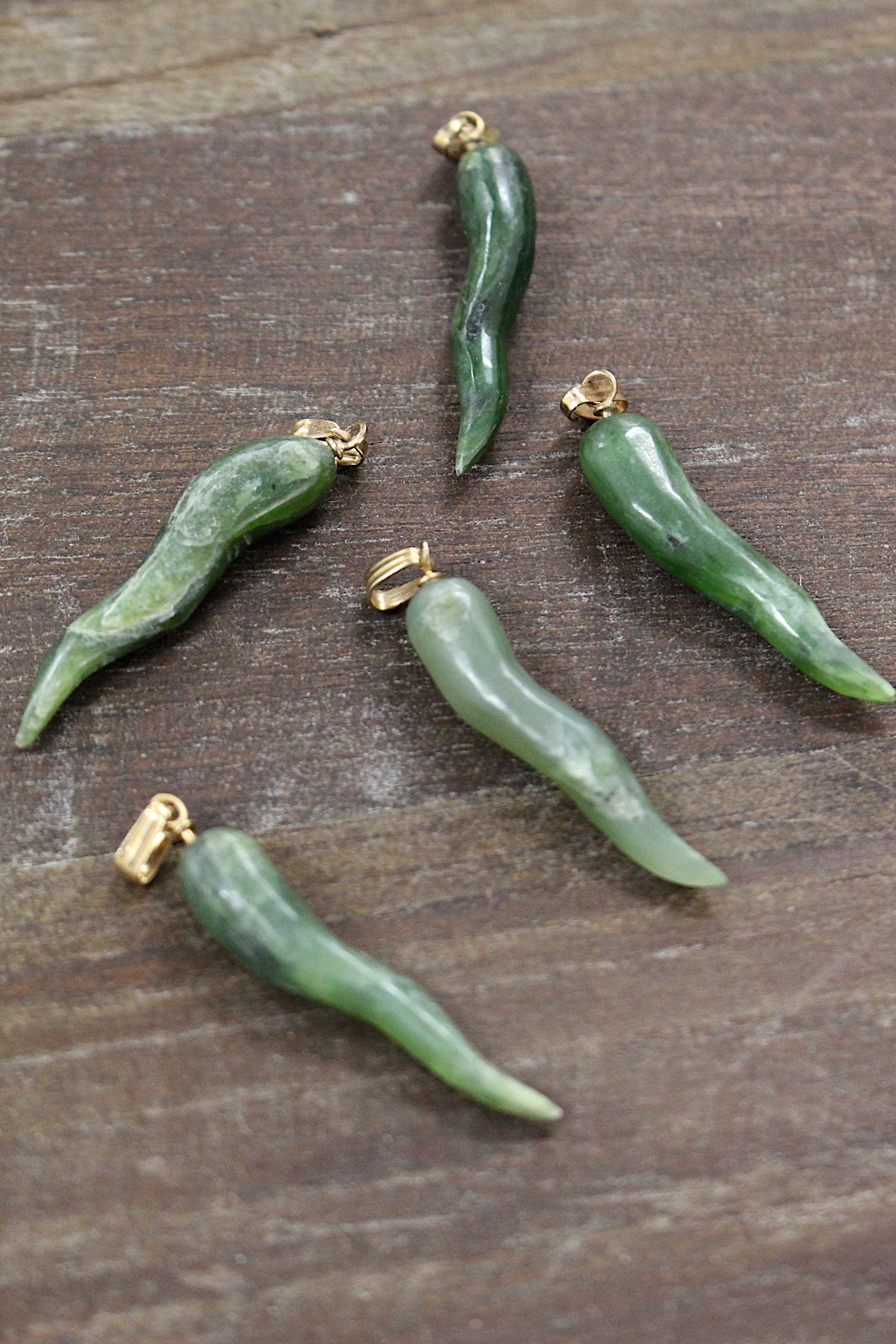 Vintage 1970s Green Jade Cornicello Pendant with 18K Gold-Plated Bail