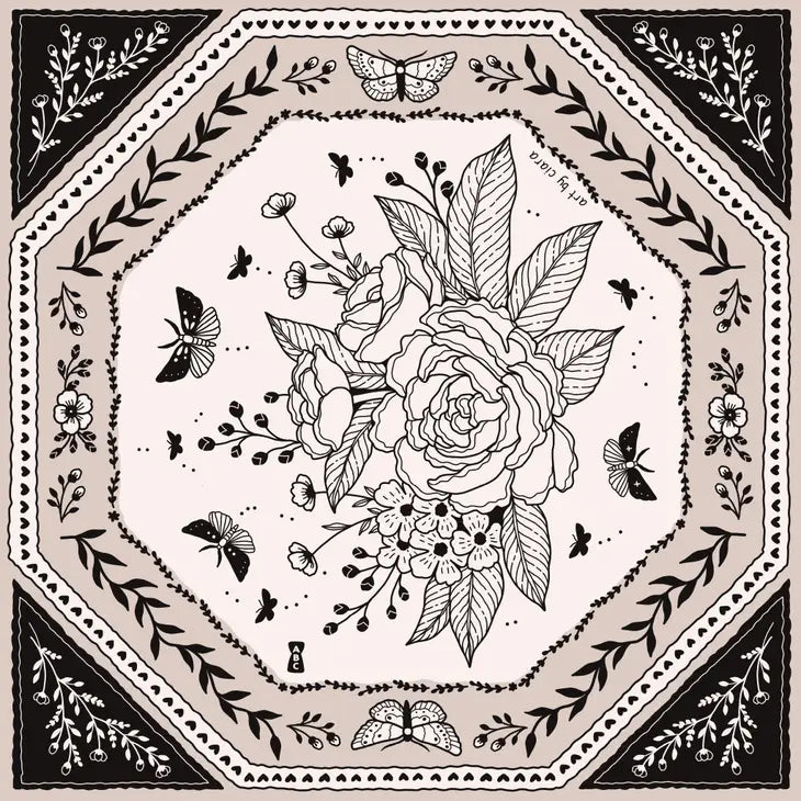 Black and White Floral Moth Bandana