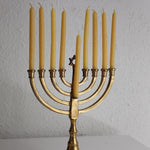 A brass Hanukkah menorah with nine lit yellow candles, displayed on a white surface against a textured white wall.