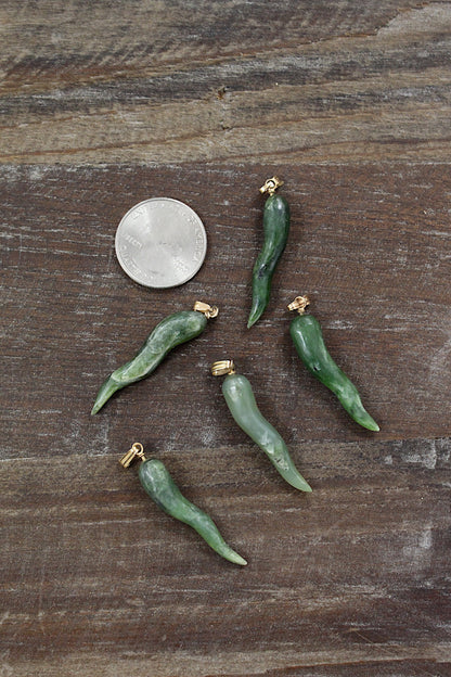 Vintage 1970s Green Jade Cornicello Pendant with 18K Gold-Plated Bail