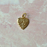 Vintage Brass Heart Charm with Flowers