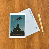 Happy Halloween, Witch Flying over House Postcard