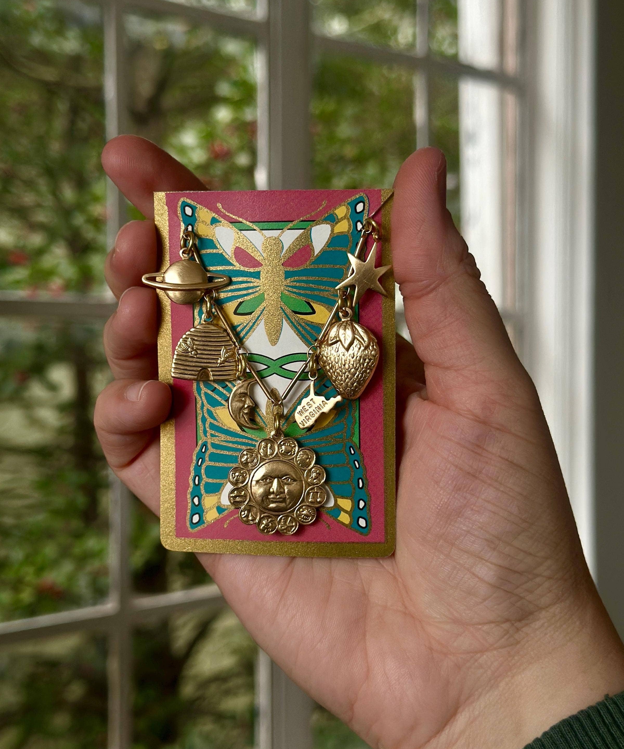 Brass Zodiac Astrology Charm with Moon Face Celestial