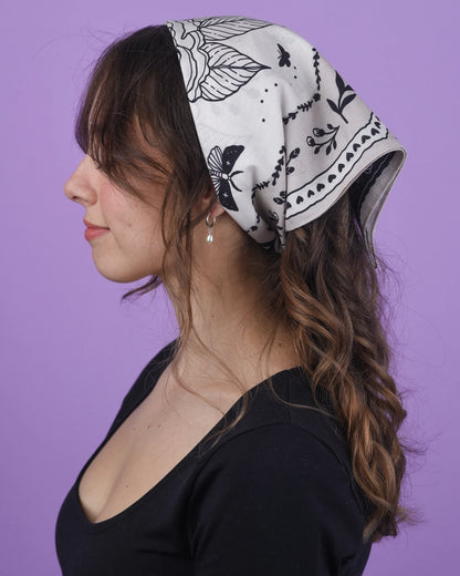 Black and White Floral Moth Bandana